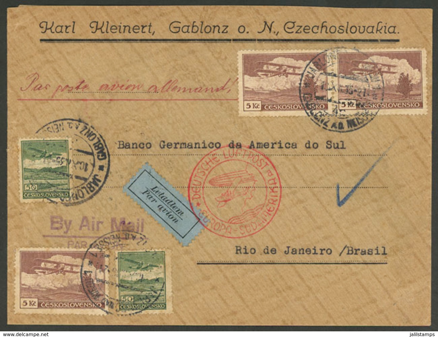 CZECHOSLOVAKIA: 10/DE/1935 Gablonz - Rio De Janeiro: Airmail Cover With Nice Postage, Sent Via Germany (DLH), VF Quality - Lettres & Documents