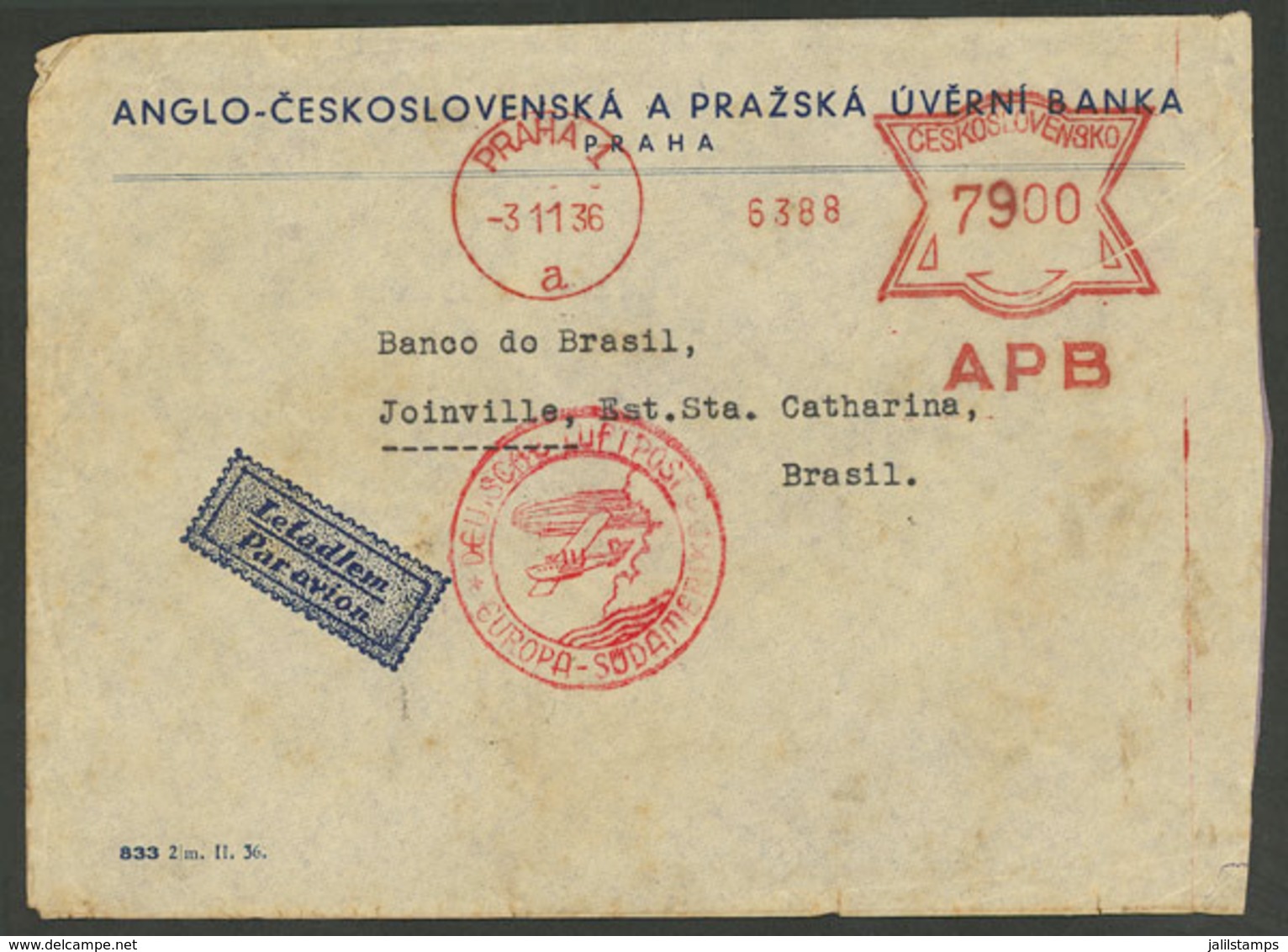 CZECHOSLOVAKIA: 3/NO/1936 Praha - Brazil: Airmail Cover With Meter Postage, Sent Via Germany (DLH), VF Quality! - Lettres & Documents