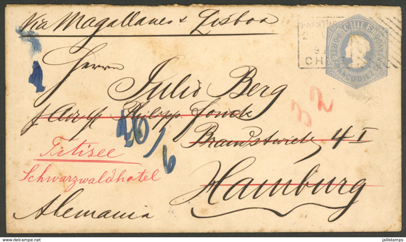 CHILE: 21/MAY/1901 Santiago - Germany: 10c. Stationery Envelope Mailed Via "Magallanes & Lisboa", Very Nice!" - Chili