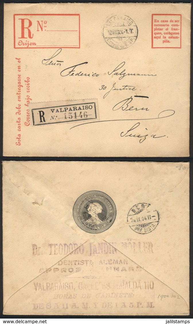 CHILE: 20c. Stationery Envelope For Registered Letters, Sent From Valparaiso To Switzerland On 12/AU/1904, VF Quality! - Cile