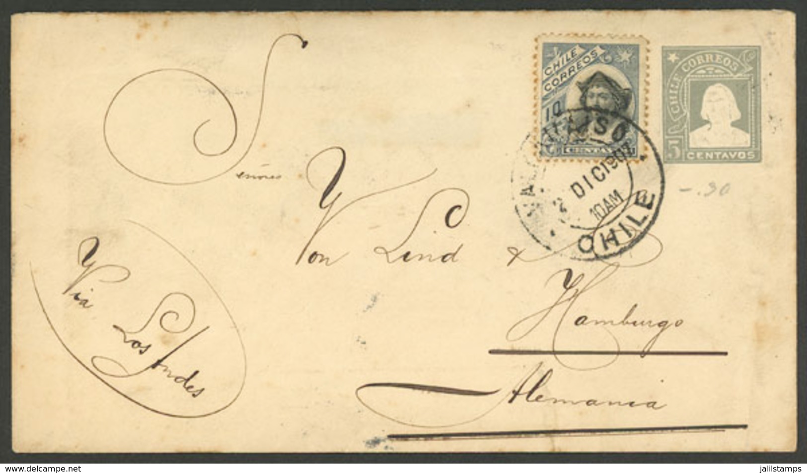 CHILE: 5c. Columbus Stationery Envelope + 10c., Sent From Valparaiso To Germany On 2/DE/1905, Very Nice! - Chili