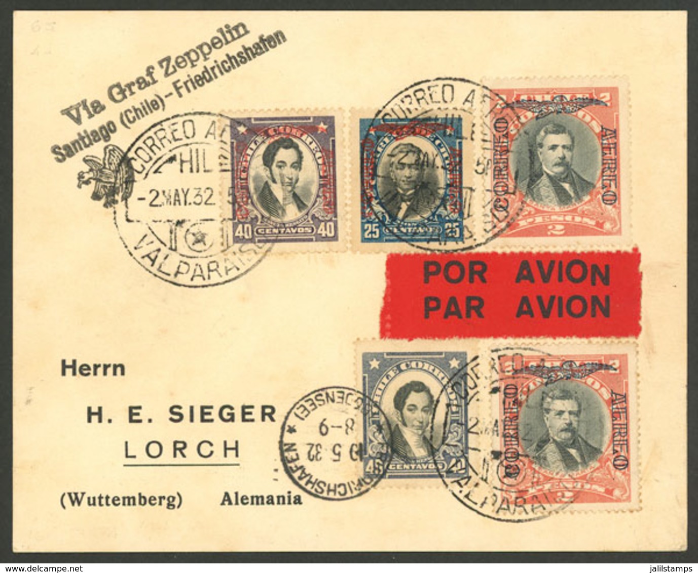 CHILE: 2/MAY/1932 Valparaíso - Germany, Card Flown By ZEPPELIN, With Arrival Mark On Front Of Friedrichshafen 10/MAY, Ve - Cile