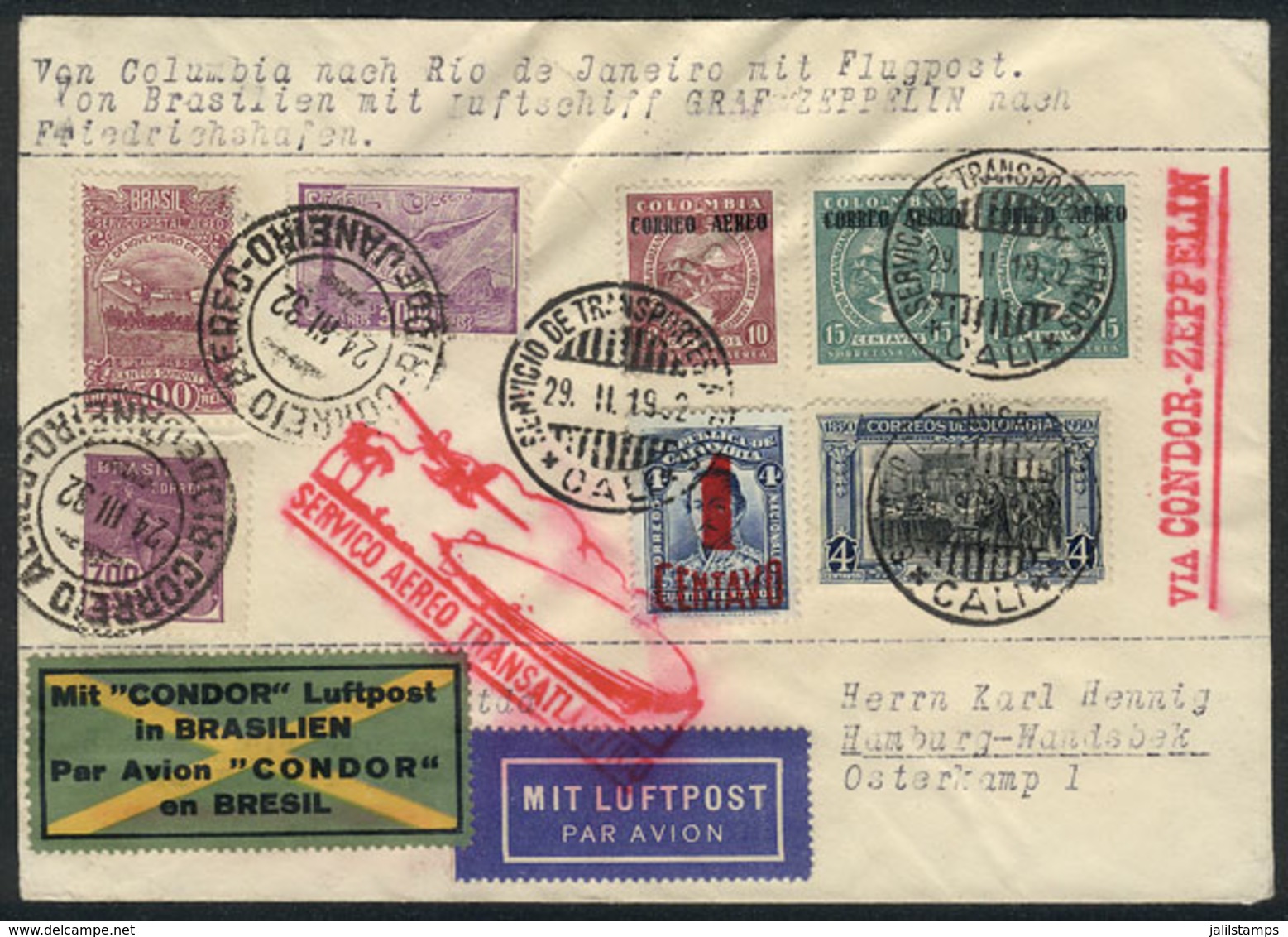 COLOMBIA: ZEPPELIN + MIXED POSTAGE: Cover Sent By Airmail From Cali To Rio De Janeiro On 29/FE/1932, And From There Forw - Colombie