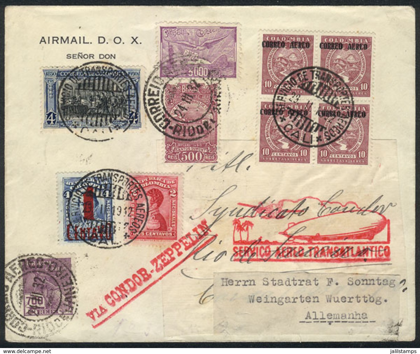 COLOMBIA: ZEPPELIN + MIXED POSTAGE: Cover Sent By Airmail From Cali To Rio De Janeiro On 29/FE/1932, And From There Forw - Colombie