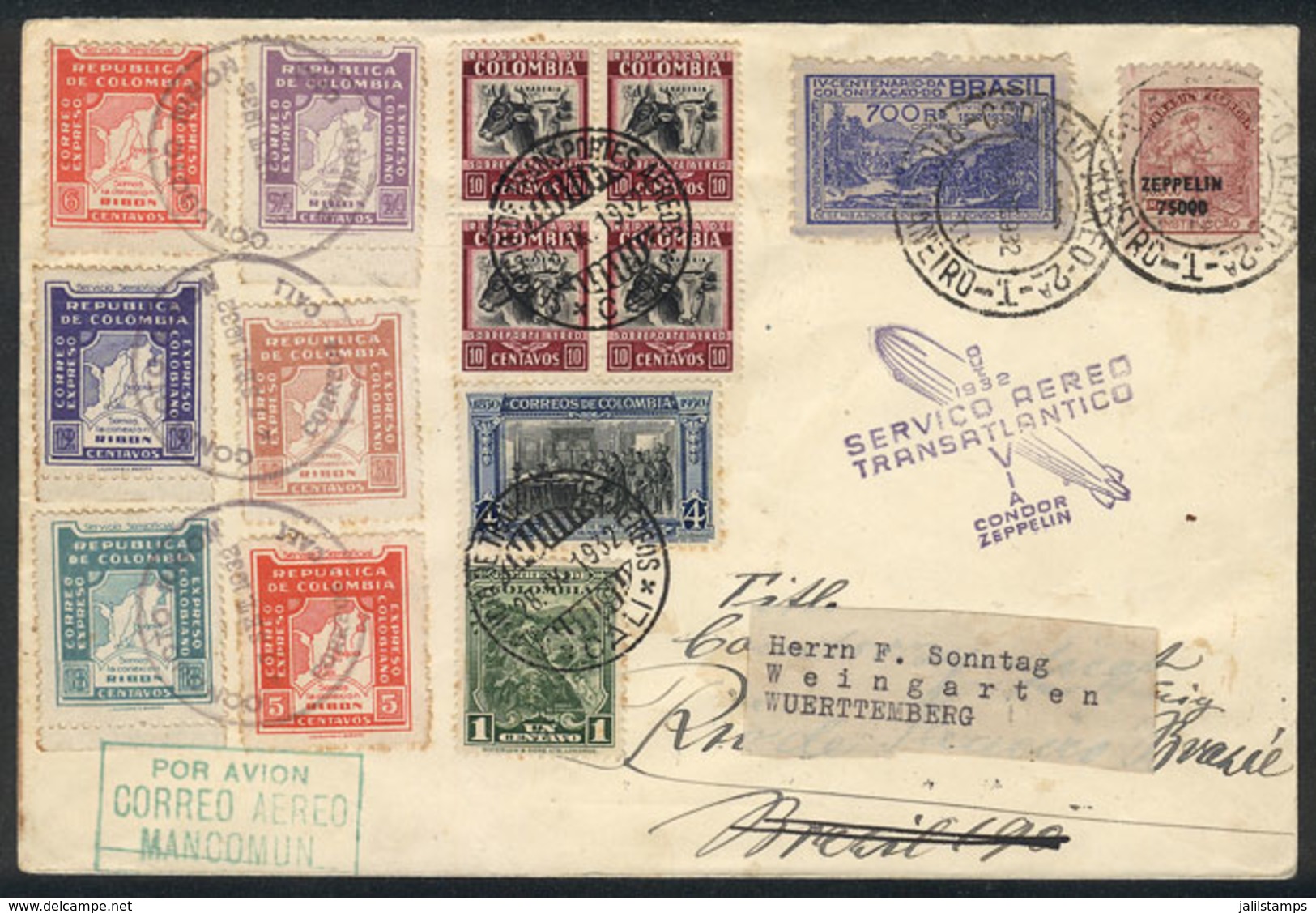 COLOMBIA: ZEPPELIN + RARE MIXED POSTAGE Colombia-Brazil: Cover Sent From Cali To Rio De Janeiro (Condor Syndicat) On 27/ - Colombie