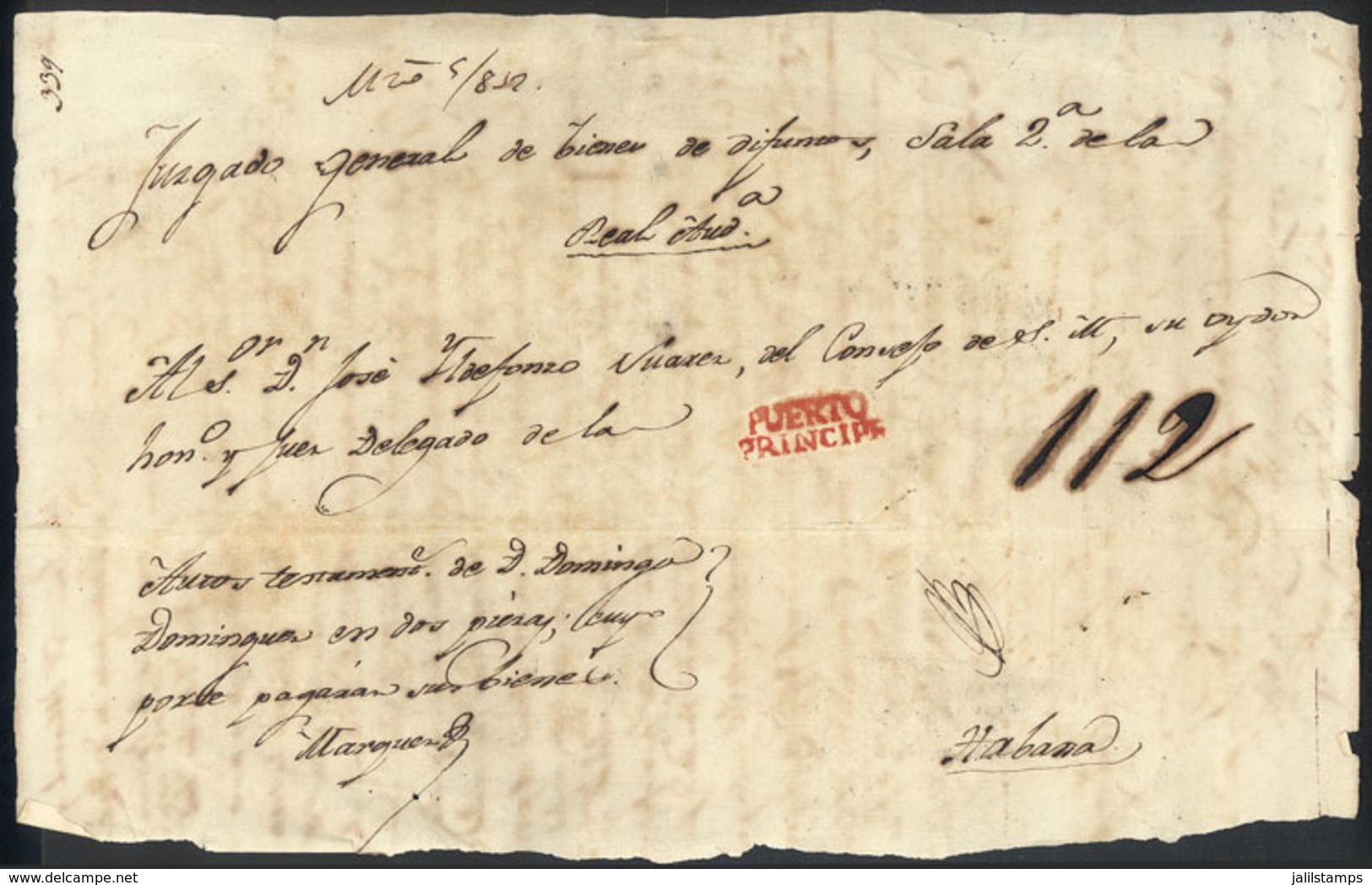 CUBA: Front Of An Official Folded Cover Sent From PUERTO PRÍNCIPE To Habana On 5/MAR/1832, With Red 2-line Mark And Manu - Altri & Non Classificati