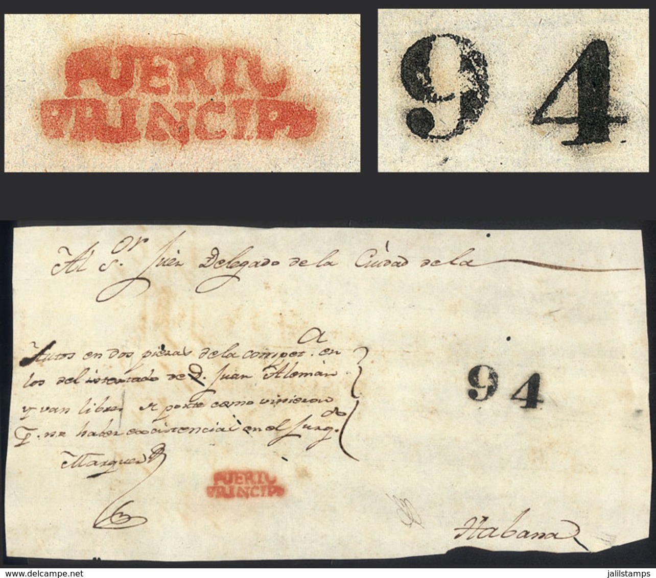 CUBA: Circa 1834, Front Of An Official Folded Cover Sent From PUERTO PRÍNCIPE To Habana, With Red 2-line Mark + "94" Rat - Autres & Non Classés