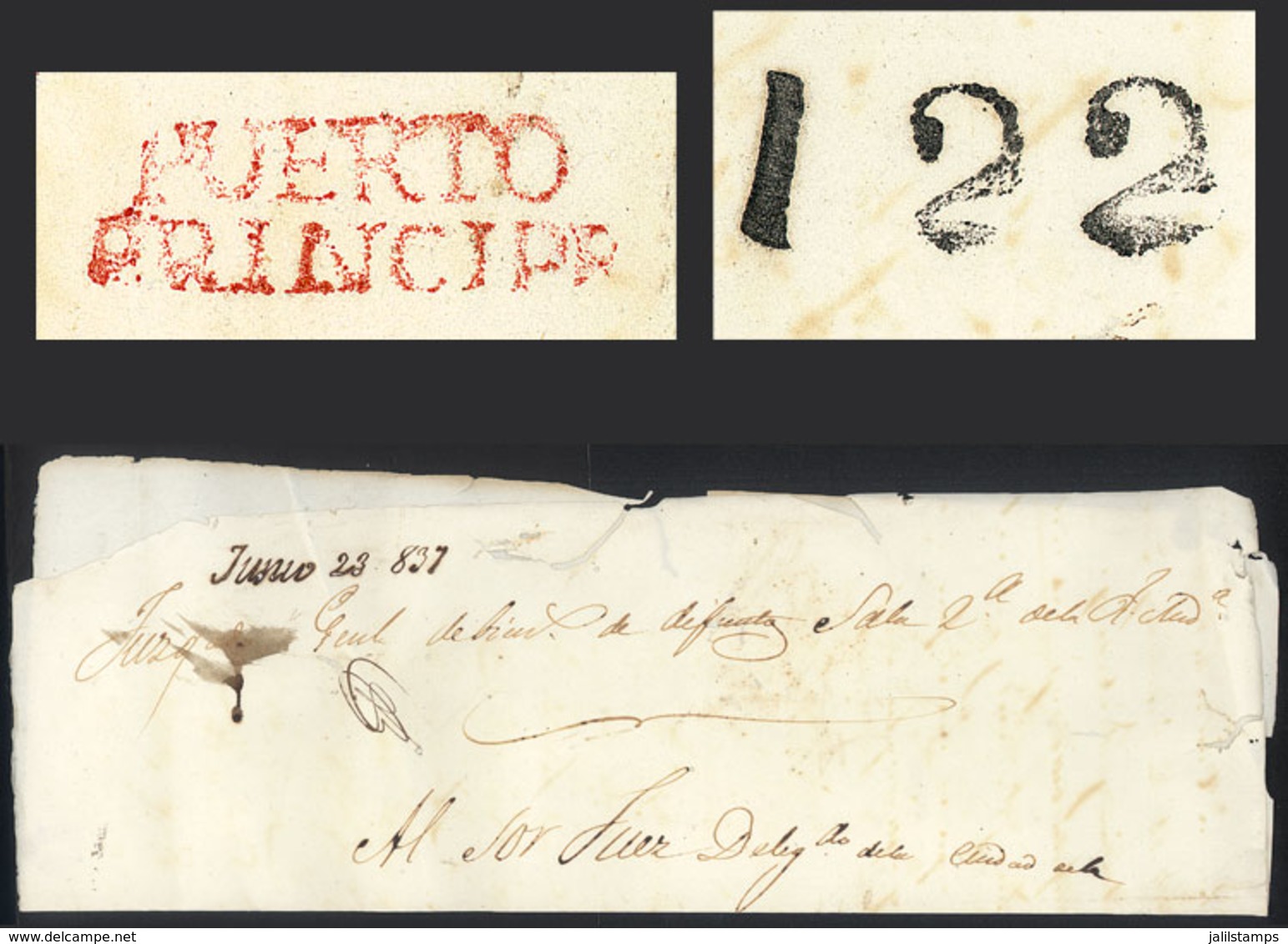 CUBA: Official Folded Cover Sent From PUERTO PRÍNCIPE To Habana On 23/JUN/1837, Nice Postal And Rating Marks, Fine Quali - Autres & Non Classés