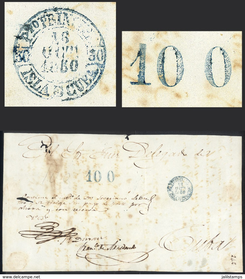 CUBA: Front Of An Official Folded Cover Sent From PUERTO PRÍNCIPE To Habana On 16/OC/1850, With Green Datestamp + "100"  - Altri & Non Classificati