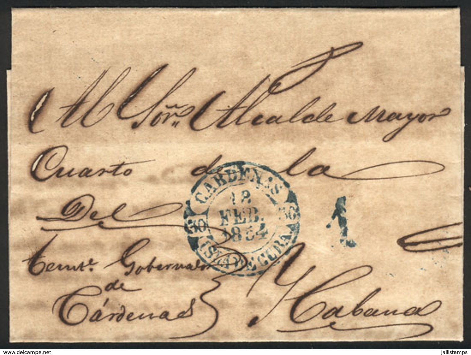 CUBA: Official Folded Cover Sent From CÁRDENAS To Habana On 18/FE/1854 With Interesting Postal Marks, VF Quality! - Autres & Non Classés