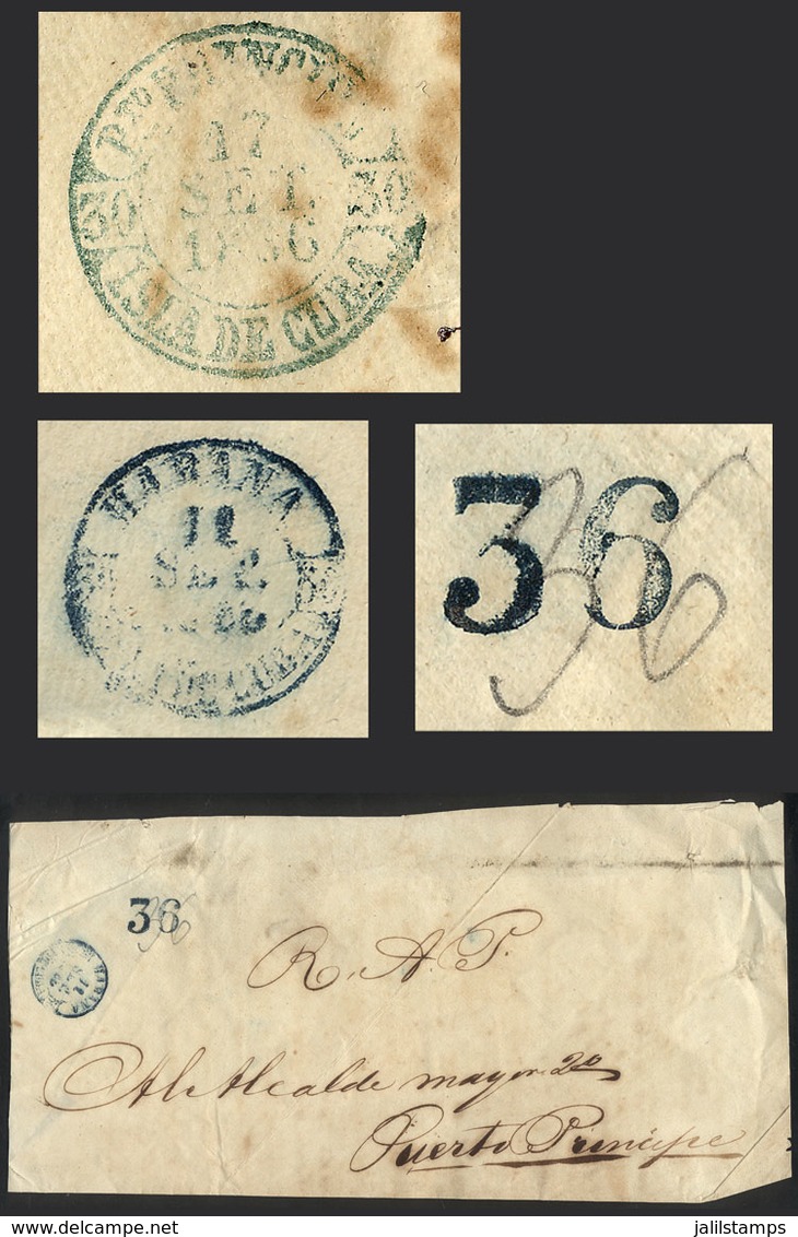 CUBA: Official Folded Cover Sent From HABANA To Puerto Principe On 12/SE/1856, With "36" Rating And Arrival Backstamp, V - Altri & Non Classificati