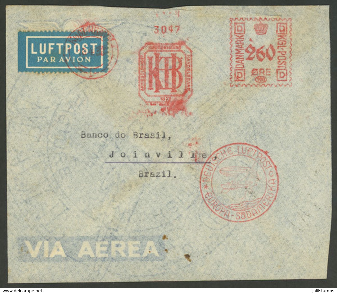 DENMARK: Airmail Cover Sent To Brazil On 18/AP/1938 Via Germany (DLH), Very Attractive Meter Postage! - Maximumkaarten