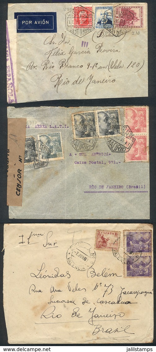 SPAIN: 3 Covers (2 Airmail) Sent To Rio De Janeiro Between 1937 And 1941, All CENSORED, Interesting! - Lettres & Documents