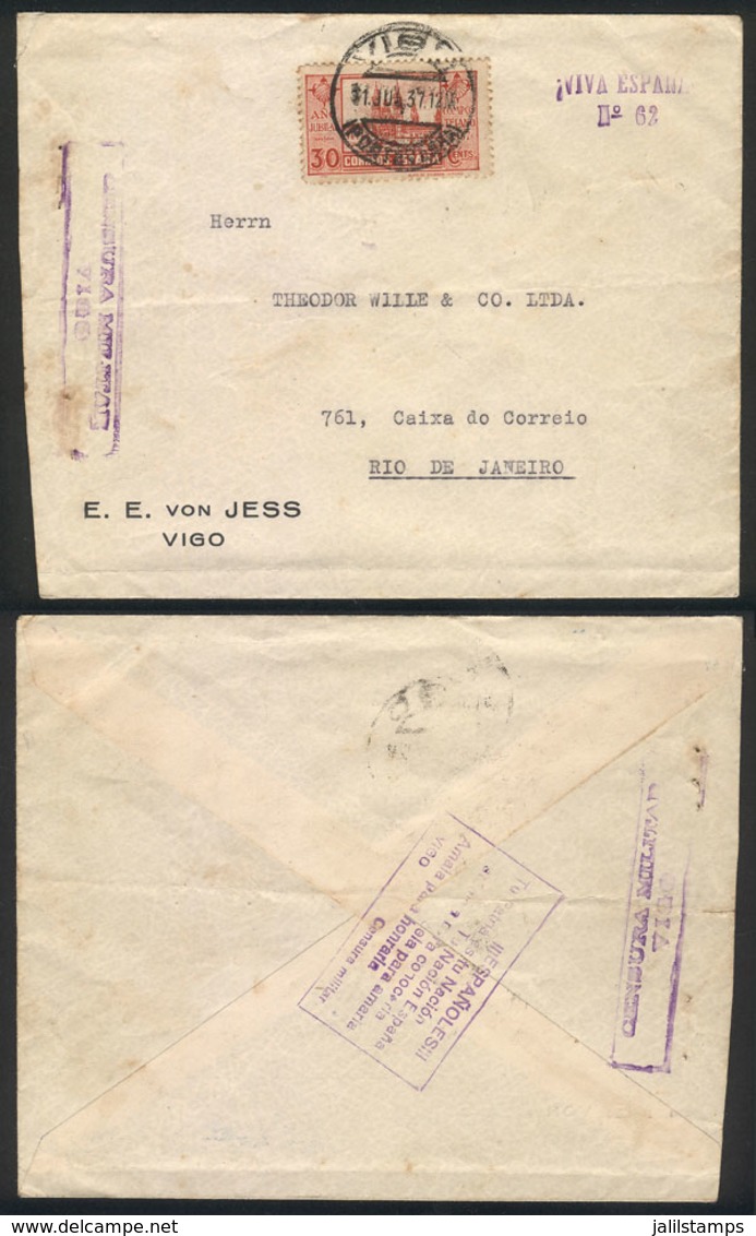 SPAIN: 1/JUL/1937 Vigo - Rio De Janeiro: Cover Franked With 30c., And CENSOR And Patriotic Marks, Interesting! - Storia Postale