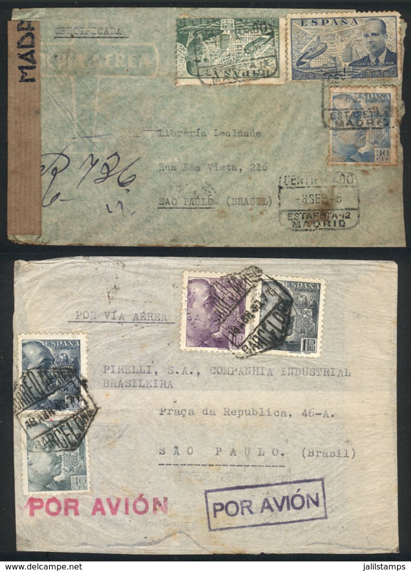 SPAIN: 2 Airmail Covers Sent To Sao Paulo In 1940 And 1945 From Barcelona And Madrid Respectively, Both Censored! - Brieven En Documenten