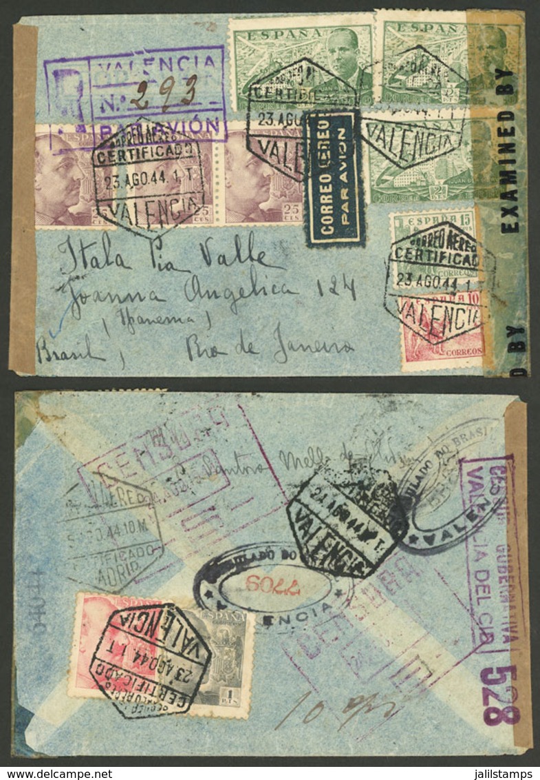 SPAIN: Registered Airmail Cover Sent From Valencia To Rio De Janeiro On 23/AU/1944, With DOUBLE CENSORSHIP And A Number  - Storia Postale