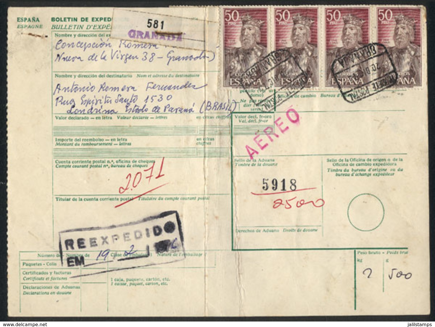 SPAIN: 4 Despatch Notes Of Parcel Posts Sent To Brazil In The 1970s With Fantastic Postages, Some With Minor Defects, Fi - Lettres & Documents