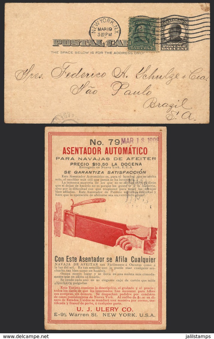 UNITED STATES: Postal Card Sent To Brazil On 19/MAR/1908 With Nice Advertising On Back For RAZOR SHARPENER, Spectacular. - Postal History