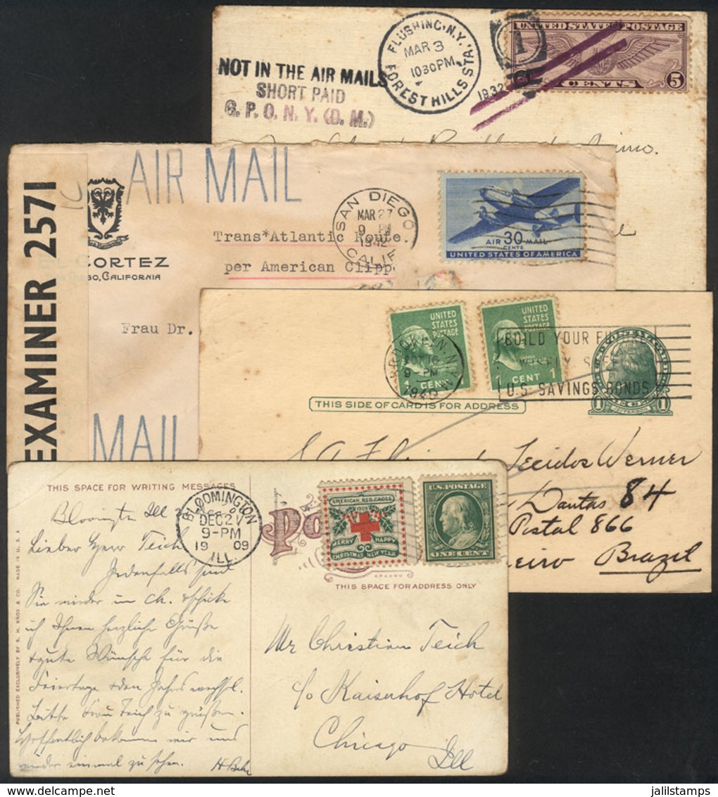 UNITED STATES: 4 Covers Or Cards Used Between 1909 And 1942, Some With Interesting Postal Marks! - Storia Postale