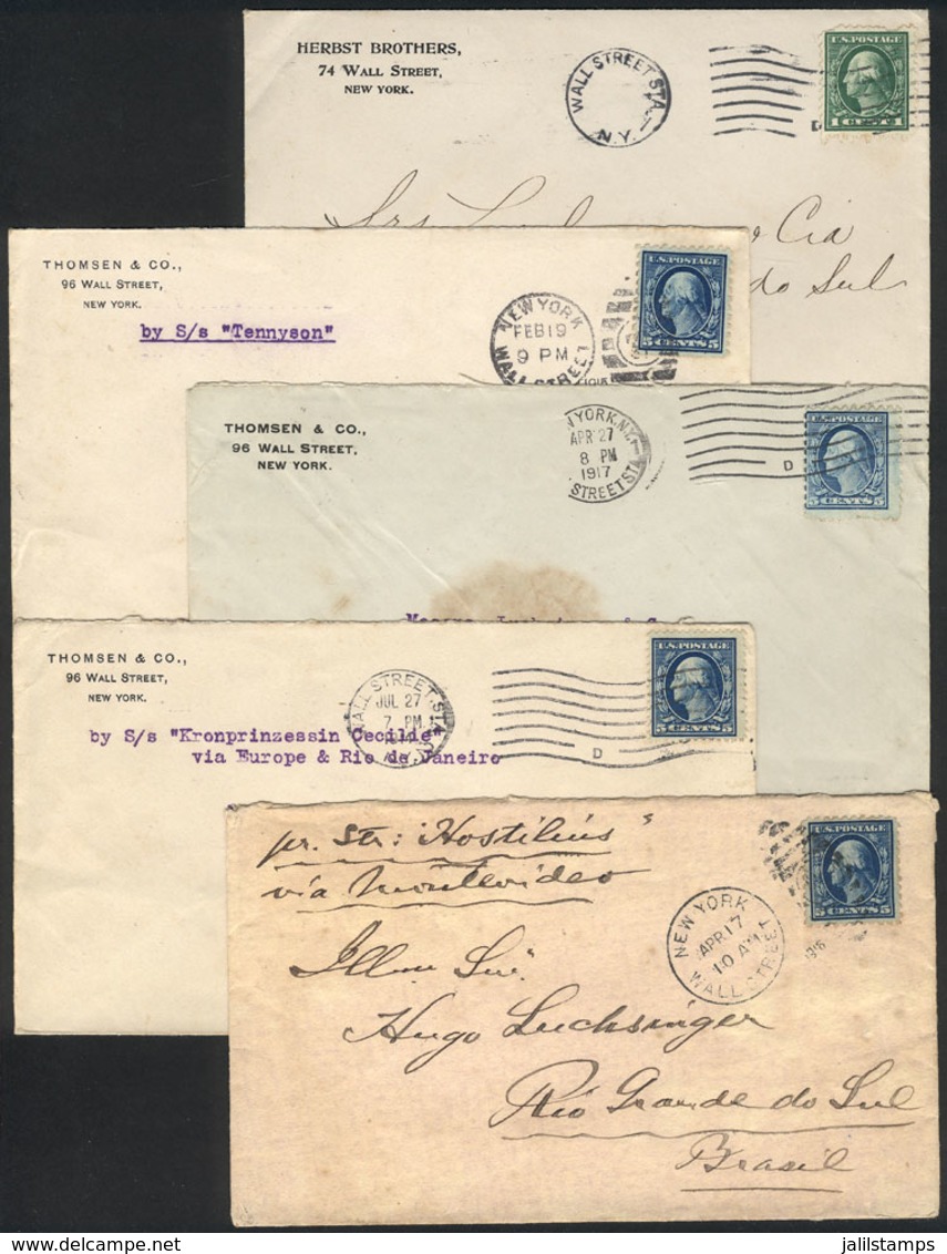 UNITED STATES: 5 Covers Sent To Brazil Between 1915 And 1917, Interesting Postages! - Marcophilie