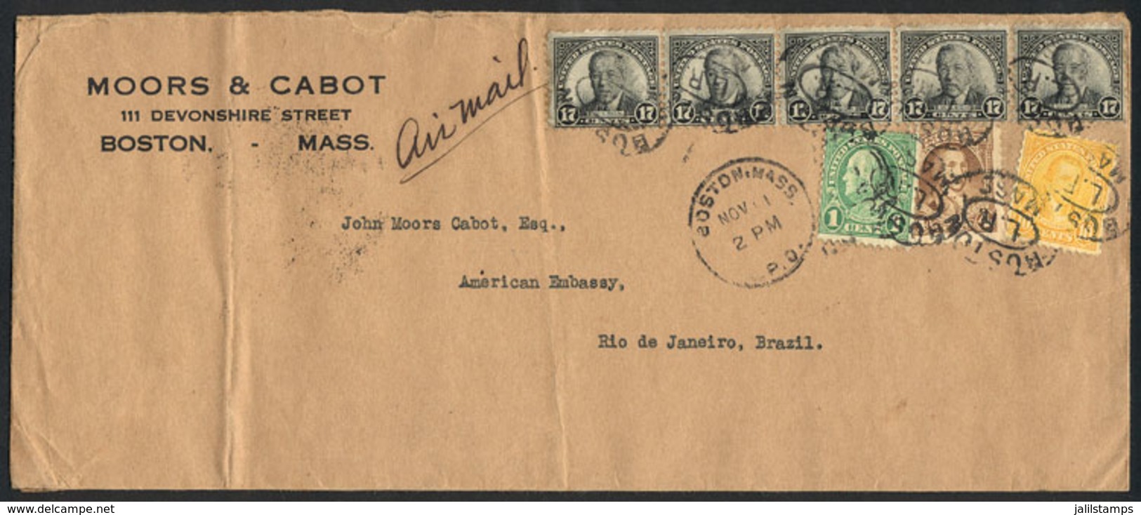 UNITED STATES: Airmail Cover Sent From Boston To Rio De Janeiro On 11/NO/1933, Nice Postage Of $1, VF Quality! - Marcophilie