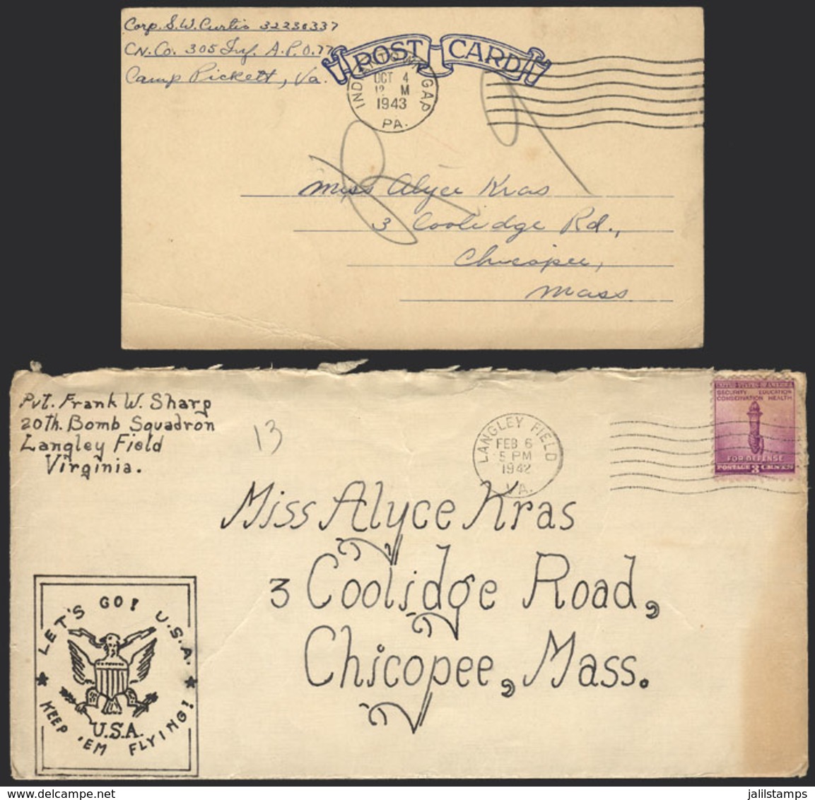 UNITED STATES: Cover And Postcard Sent In 1942 And 1943 By A Soldier, The Card With Free Frank, Interesting! - Marcophilie