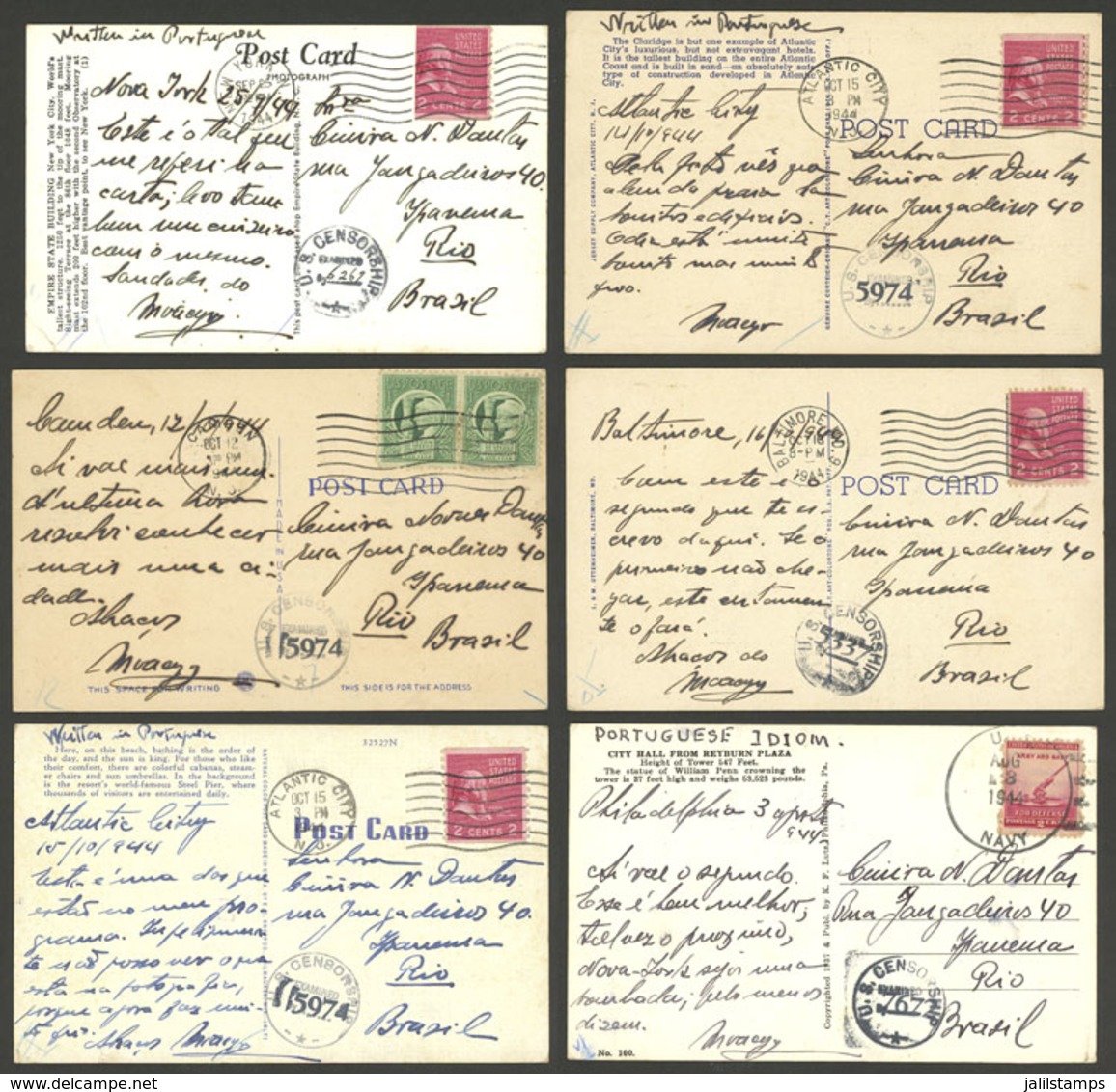 UNITED STATES: 6 Postcards Sent To Brazil Between July And October 1944, All CENSORED, VF Quality! - Marcophilie