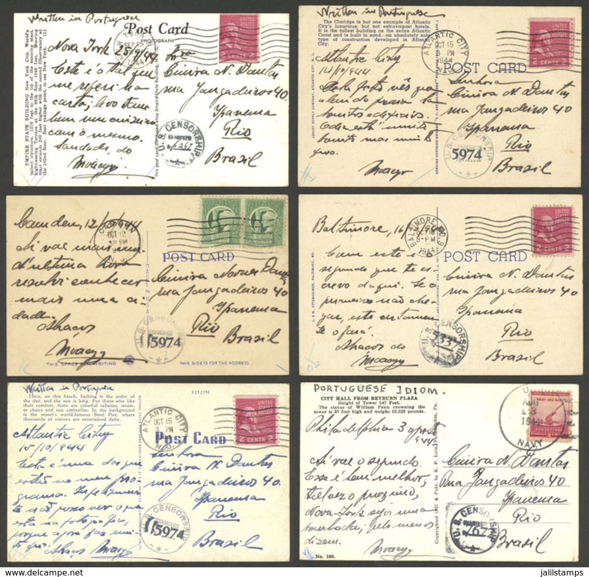 UNITED STATES: 6 Postcards Sent To Brazil Between July And October 1944, All CENSORED, VF Quality! - Storia Postale