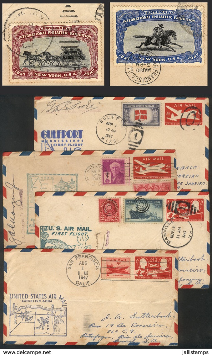 UNITED STATES: 4 Covers (FIRST FLIGHTS) Of 1947, Very Nice Special Markings, 2 With Attractive Cinderellas On Back (topi - Marcophilie