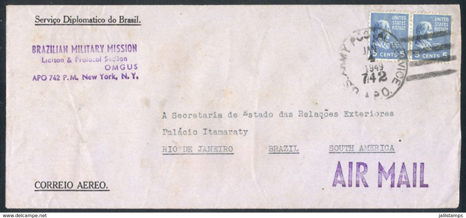 UNITED STATES: 4/JA/1949 New York - Rio De Janeiro: Airmail Cover Of The Brazilian Diplomatic Service (Brazilian Militar - Storia Postale