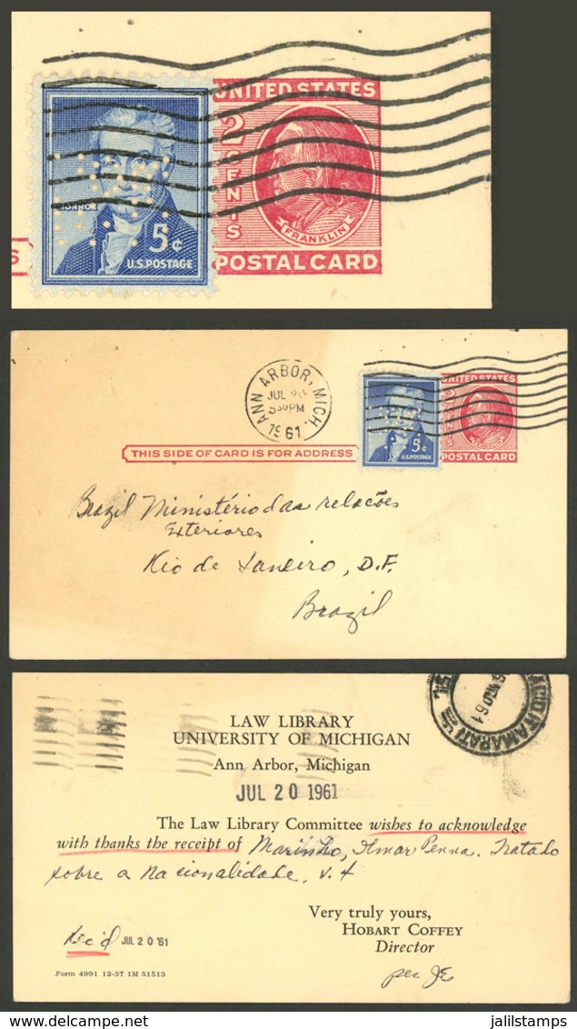 UNITED STATES: Postal Card (postal Stationery) Uprated With 5c. Stamp With Nice PERFIN, Sent To Rio De Janeiro On 20/JUL - Marcophilie