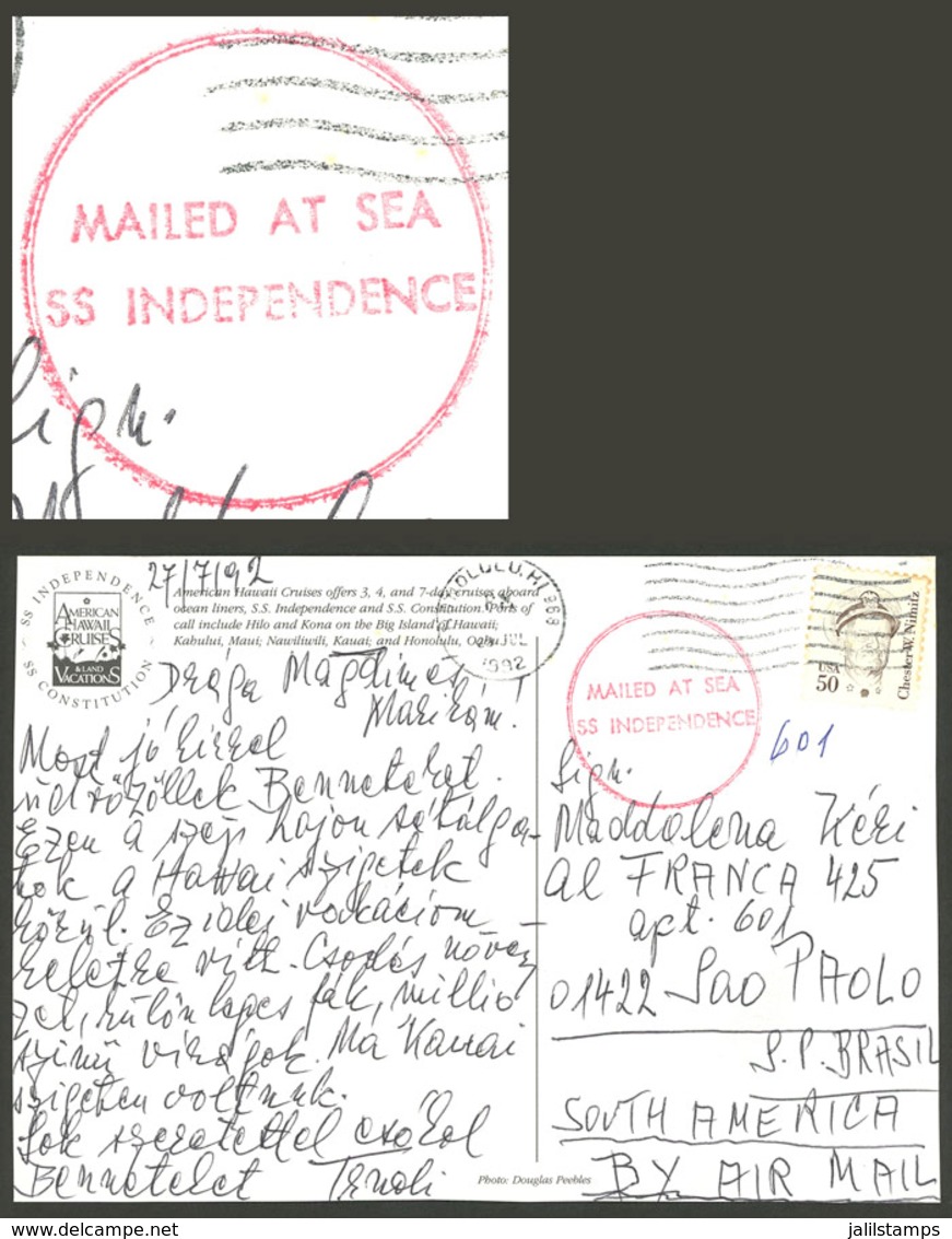 UNITED STATES: PC Sent To Brazil On 27/JUL/1992, With Red "MAILED AT SEA - SS INDEPENDENCE" Double Circle, VF Quality!" - Marcophilie