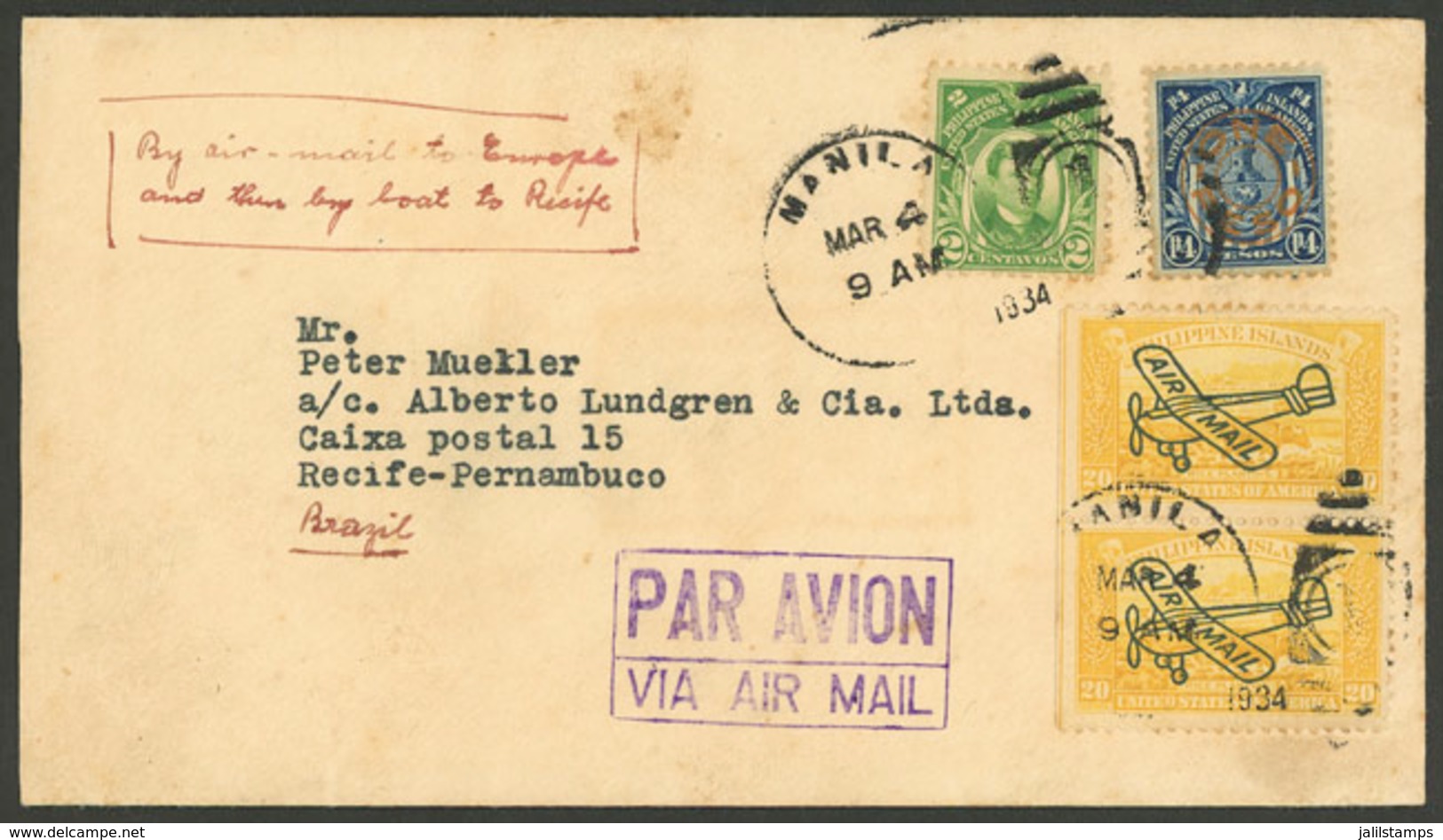 PHILIPPINES: Airmail Cover Sent From Manila To Brazil On 4/MAR/1934, Nice Postage, Very Rare Destination! - Philippinen