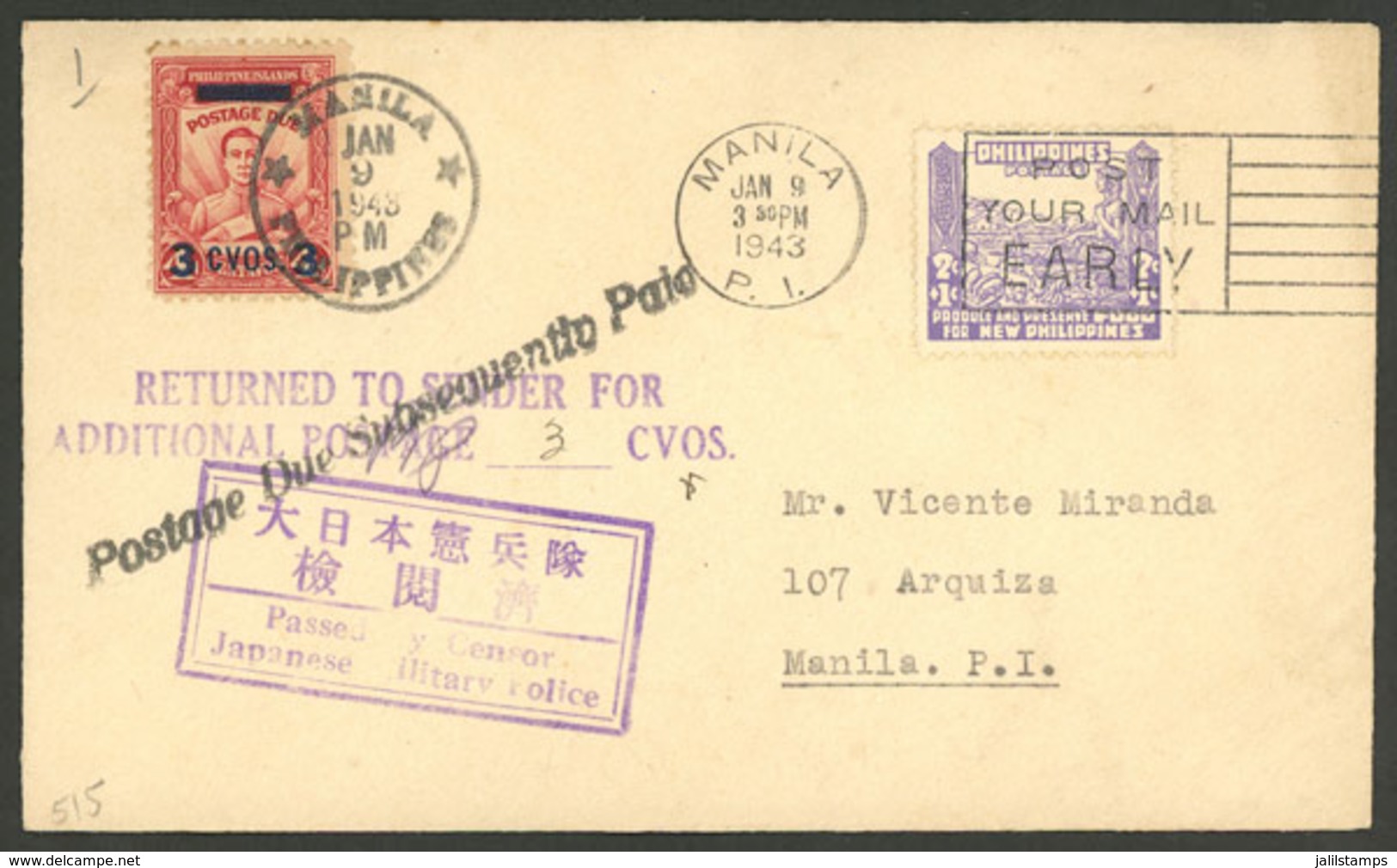 PHILIPPINES: 9/JA/1943 Cover Used In Manila With Insufficient Postage And Postage Due Mark, Which Was Later Paid With An - Philippines