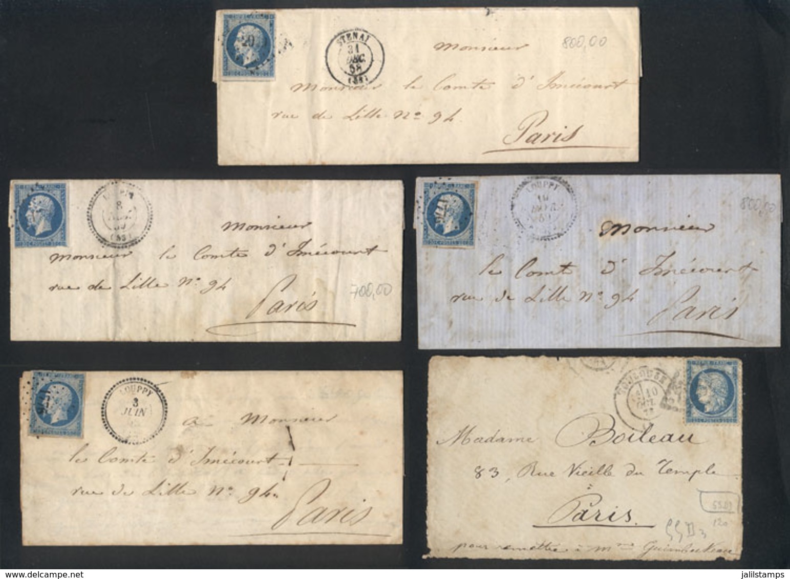 FRANCE: 4 Folded Covers Or Entire Letters Used In 1858/9 + 1 Front Of 1872, Interesting! - Autres & Non Classés