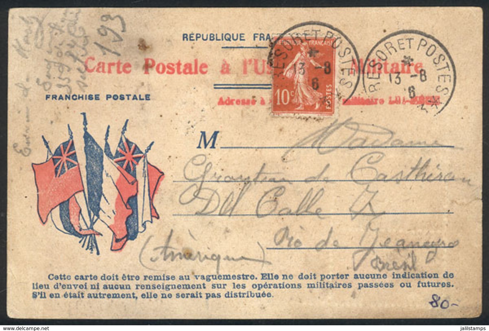 FRANCE: Postcard With Military Franchise, Sent To Brazil On 13/AU/1916 Franked With 10c., Interesting Use! - Autres & Non Classés