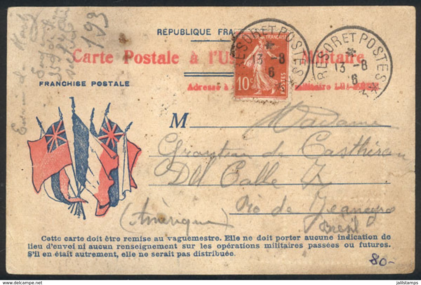 FRANCE: Postcard With Military Franchise, Sent To Brazil On 13/AU/1916 Franked With 10c., Interesting Use! - Altri & Non Classificati
