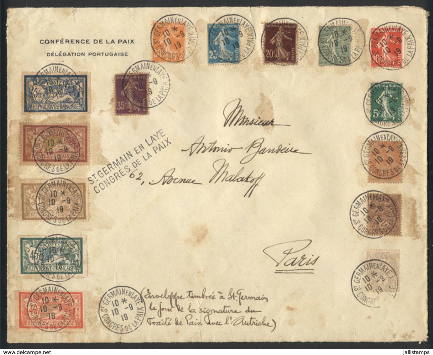 FRANCE: Cover With Corner Card Of "Peace Conference - Portuguese Delegation", Franked On The Borders With The Definitive - Altri & Non Classificati