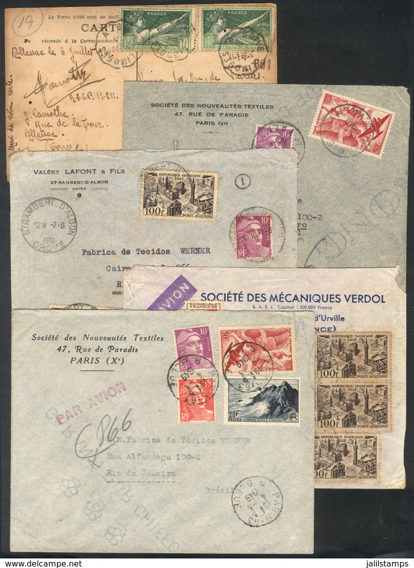 FRANCE: 1 Postcard + 4 Airmail Covers Sent To Rio De Janeiro Between 1924 And 1951, Interesting! - Altri & Non Classificati