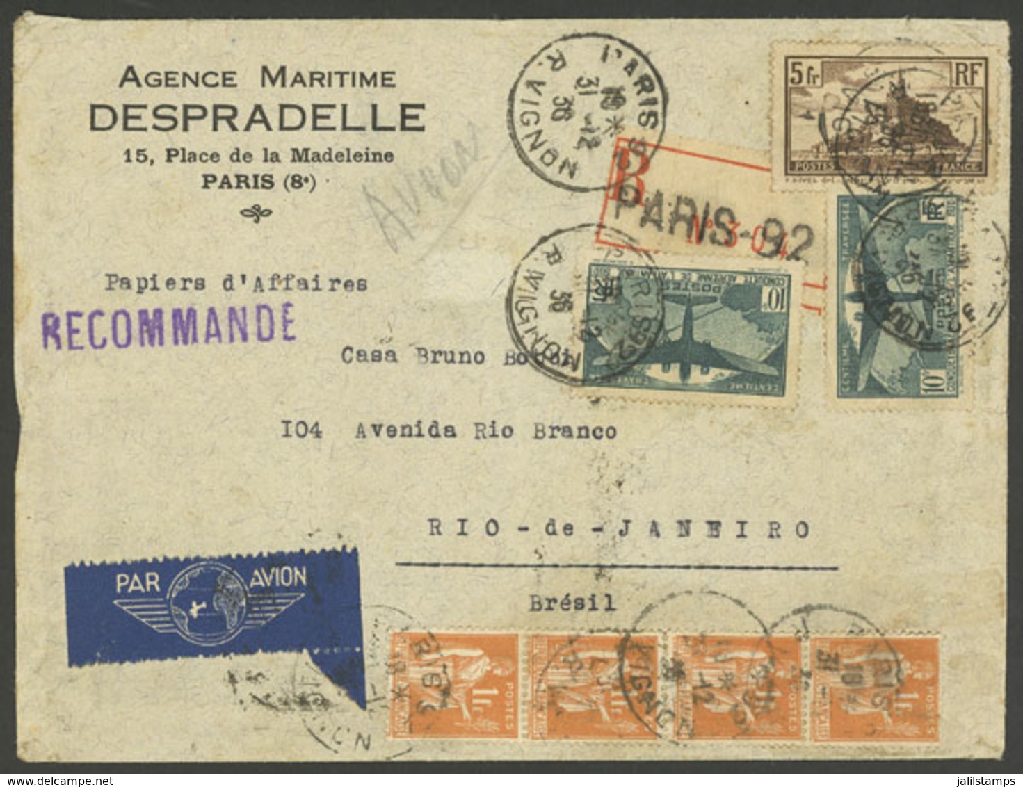 FRANCE: Registered Airmail Cover Sent From Paris To Rio De Janeiro On 31/DE/1936 With Handsome Postage Of 29Fr. Includin - Sonstige & Ohne Zuordnung