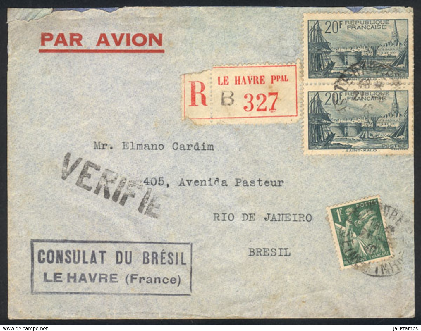 FRANCE: 21/MAY/1940 Le Havre - Rio De Janeiro: Registered Airmail Cover, Franked With 41Fr., With Arrival Backstamps. - Sonstige & Ohne Zuordnung