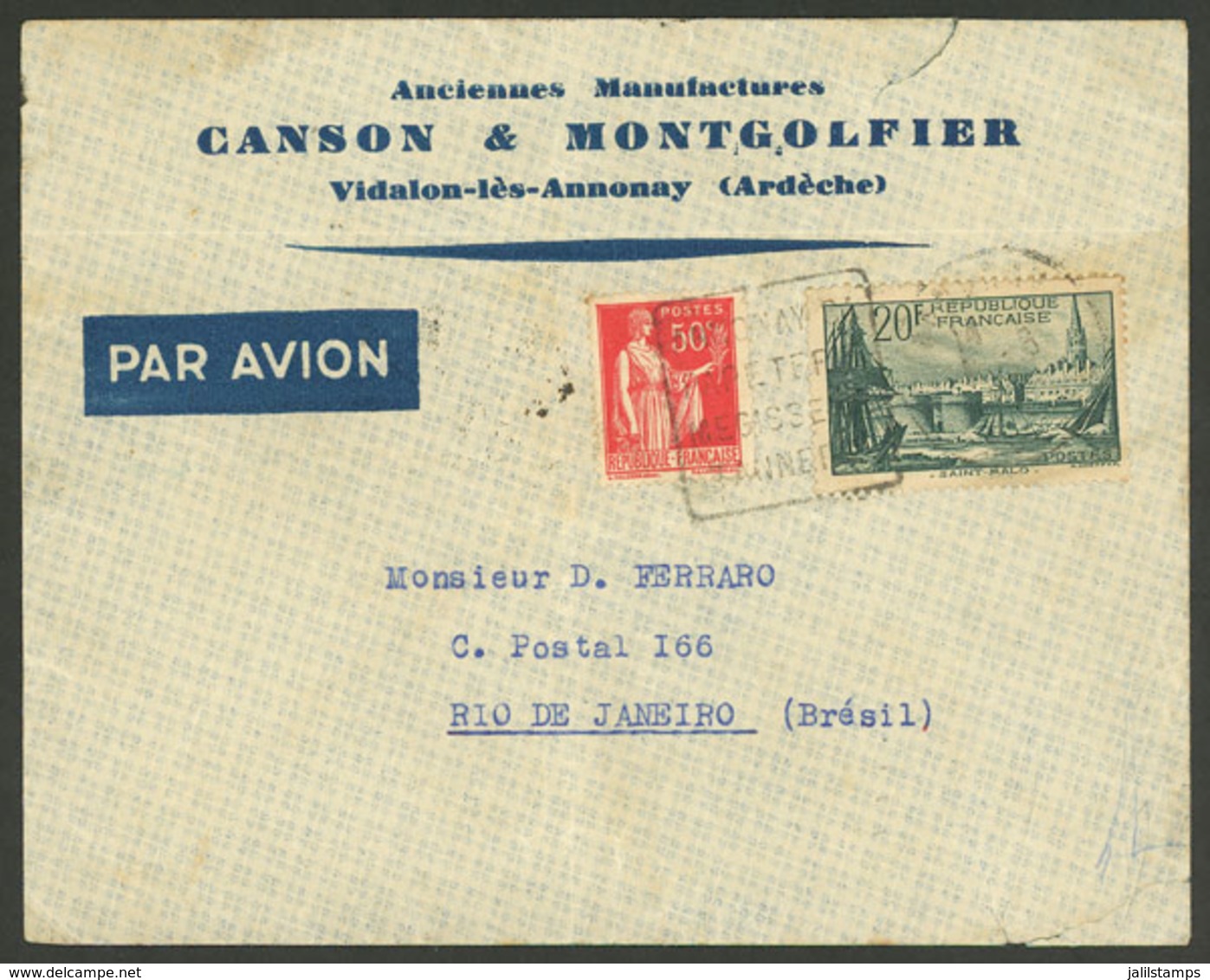 FRANCE: 2/JUN/1940 Vidalon-lès-Annonay - Rio De Janeiro: Airmail Cover Franked With 20.50Fr., With Some Opening Defects  - Altri & Non Classificati