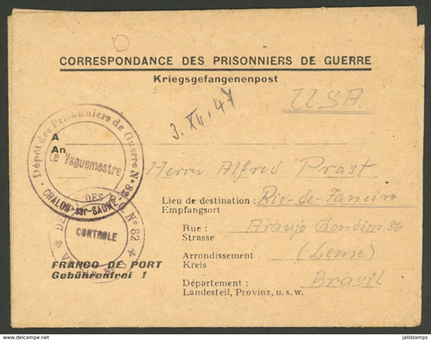 FRANCE: 3/DE/1947 Chalon-sur-Saone - BRAZIL: Letter Of A German Prisoner Of War Sent To Brazil, With Arrival Backstamp O - Sonstige & Ohne Zuordnung