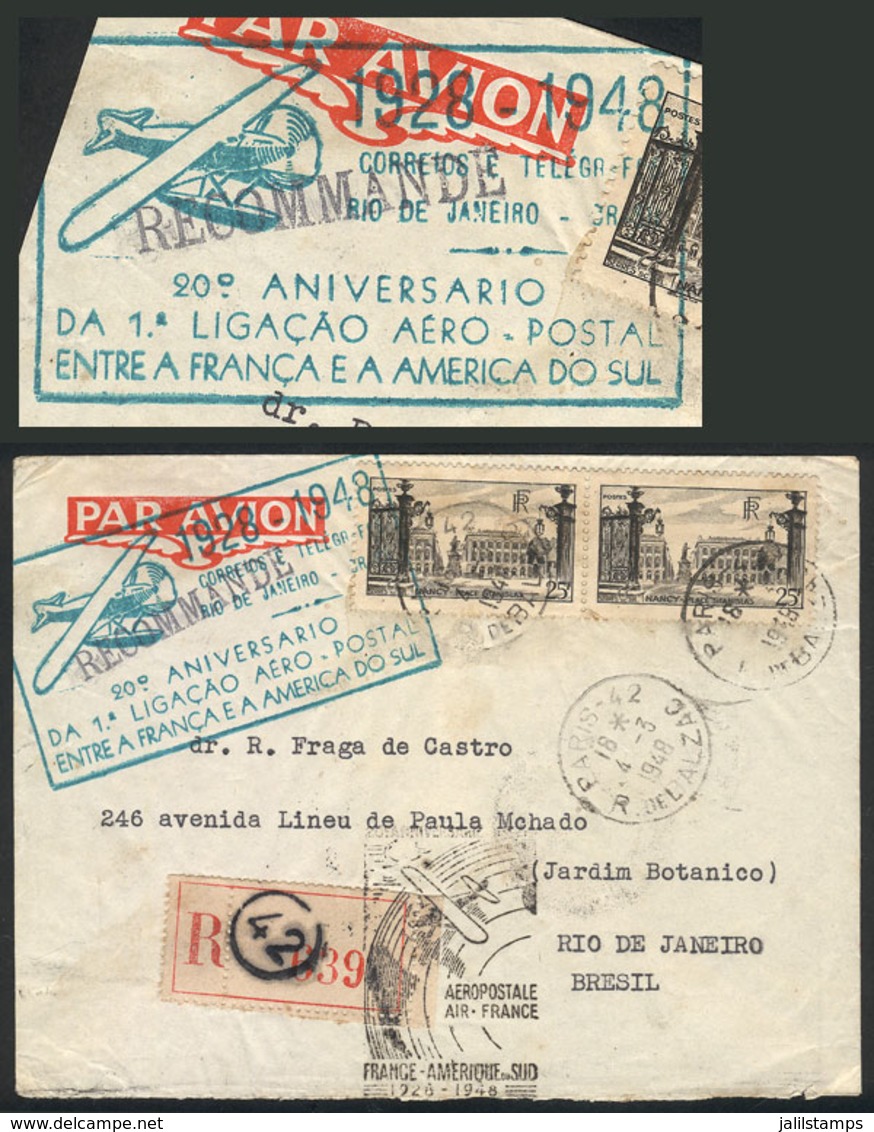 FRANCE: Airmail Cover Sent To Brazil On 4/MAR/1948, With Special Commemorative Mark For 20th Anniversary Of First France - Autres & Non Classés