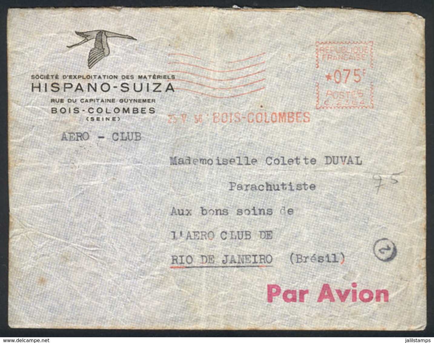 FRANCE: Airmail Cover Sent To Aviator And Parachutist COLETTE DUVAL On 23/MAY/1956 During Her Stay In Rio De Janeiro, Wh - Autres & Non Classés