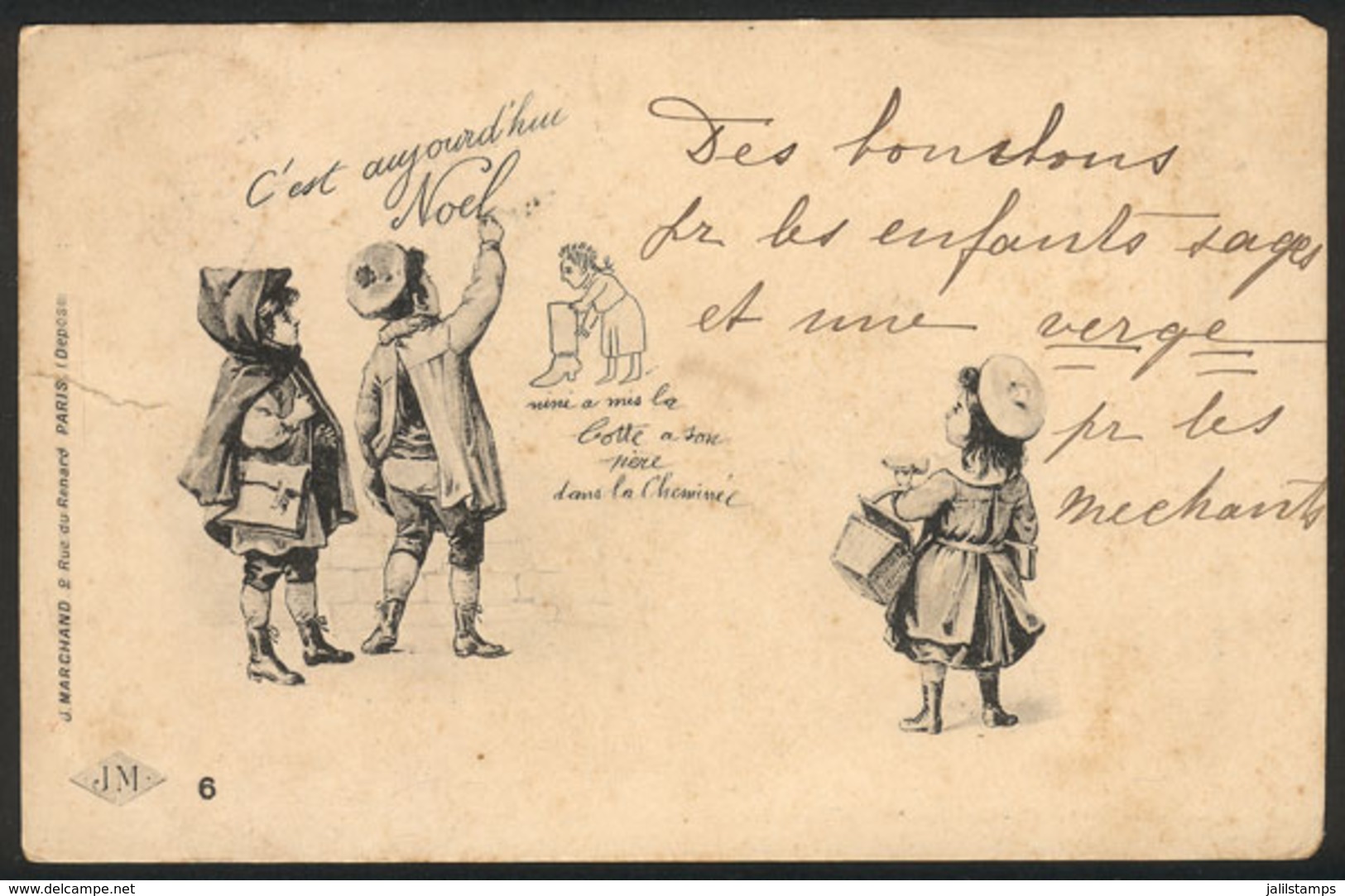 FRANCE: Christmas, Children Writing On Wall, Ed. J.Marchand, Sent To Brazil On 31/DE/02, Minor Defect (tear At Left), VF - Other & Unclassified