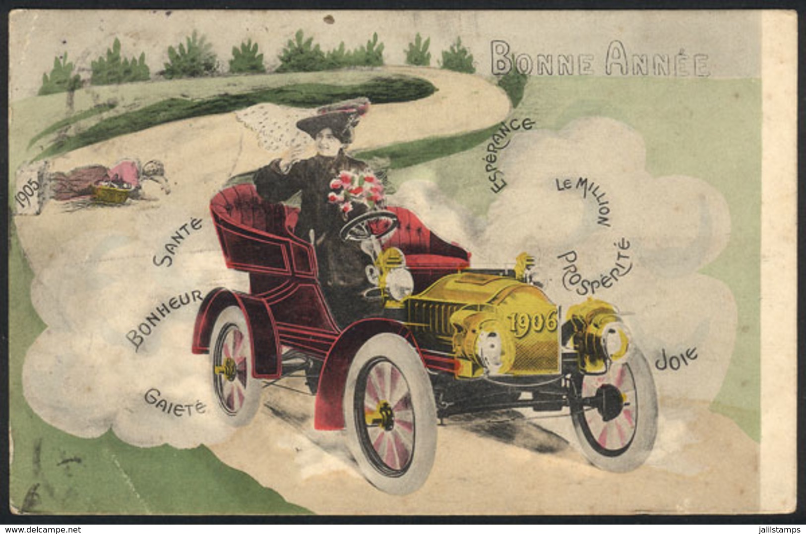 FRANCE: New Year Greeting PC, Woman Riding An Old Car, Sent From Paris To Brazil On 23/DE/1905, Fine Quality! - Altri & Non Classificati