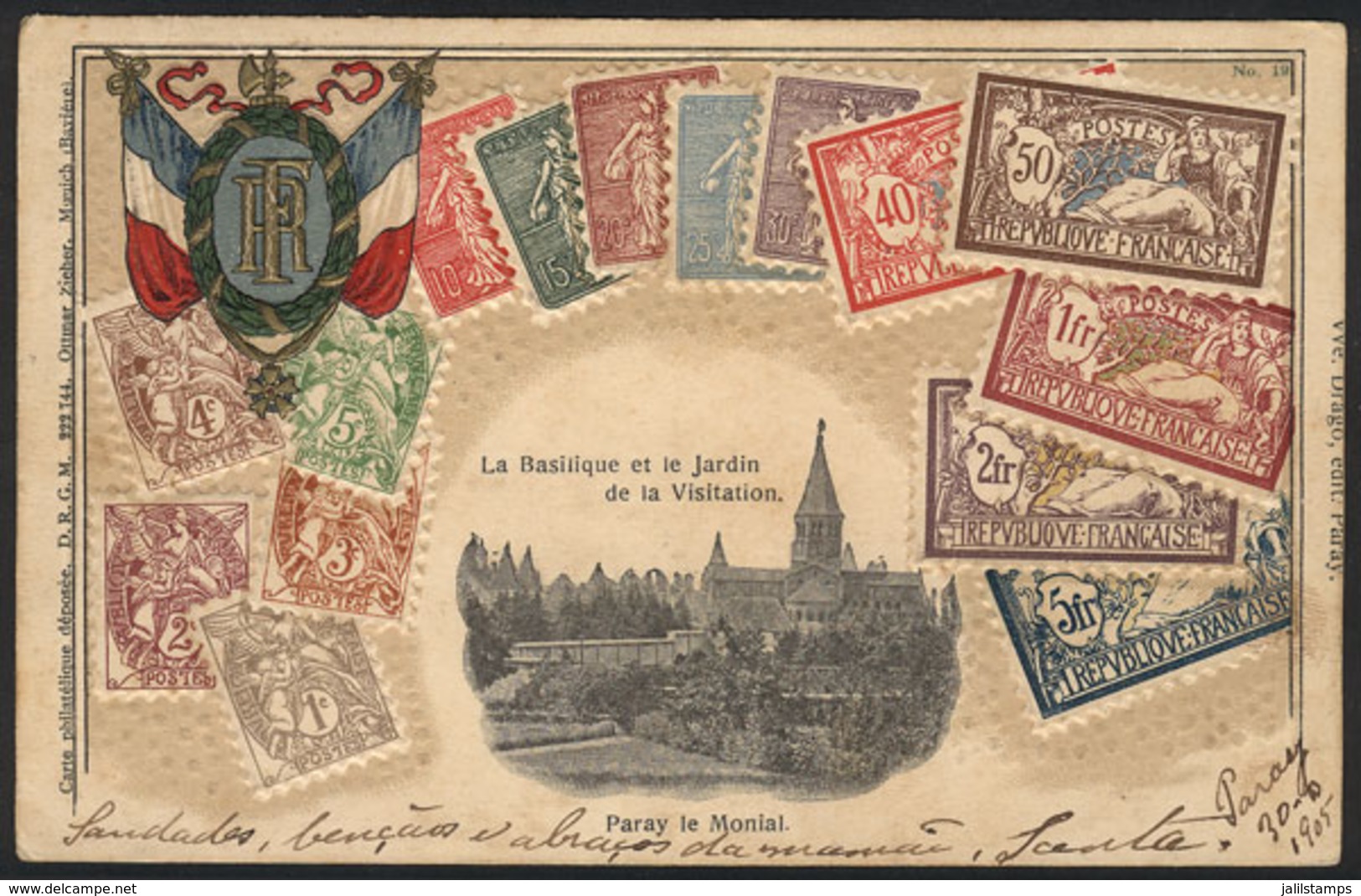 FRANCE: Basilica Of PARAY LE MONIAL And Postage Stamps, Postcard Sent From Paray To Brazil In JUN/1905, With Several Can - Autres & Non Classés