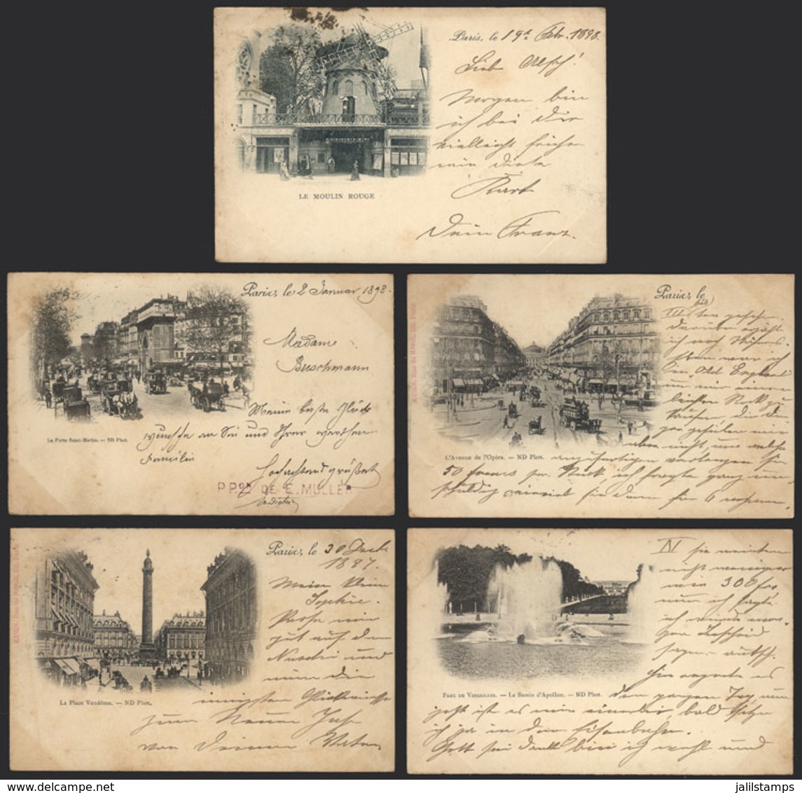 FRANCE: PARIS: 5 Postcards Sent To Germany In 1897/8, With Nice Views Of The City: Moulin Rouge, Avenue De L'Opera Etc., - Other & Unclassified