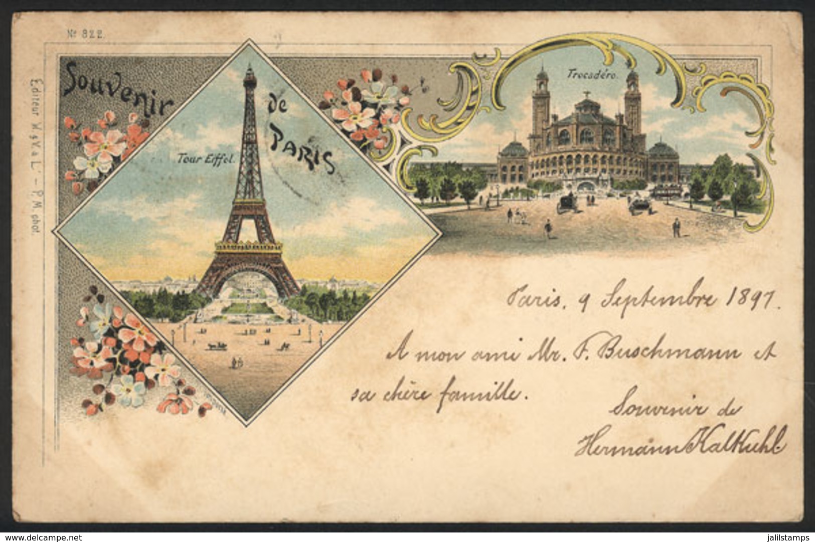 FRANCE: PARIS: Eiffel Tower And Trocadero, Ed. W & V, Nice Color Litho PC Sent To Germany In SE/1897, Fine Quality! - Altri & Non Classificati